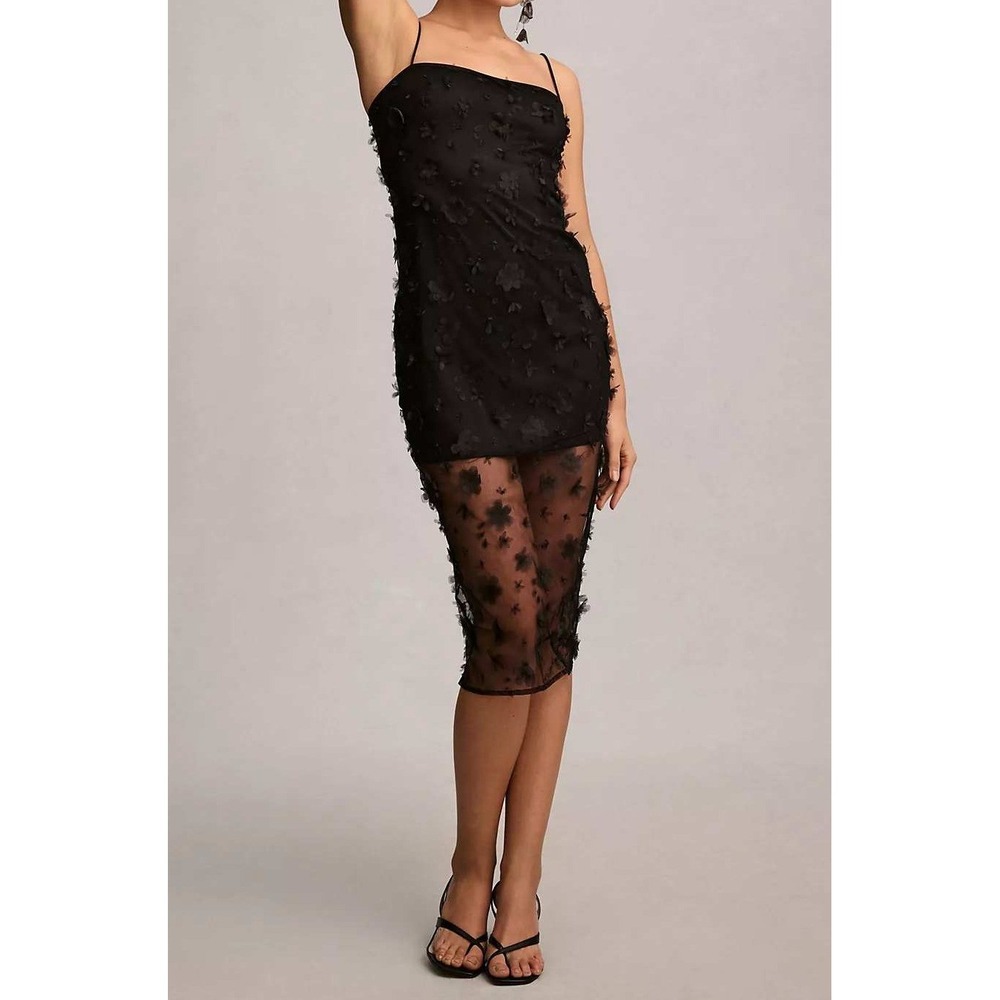 Anthropologie Maeve Black 3D Floral Applique Sheer Slip Midi Dress Size 12 NEW